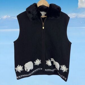 Wool Polar Bear Nordic Zip Up Sweater Vest Cozy Winter Ski Size XL
